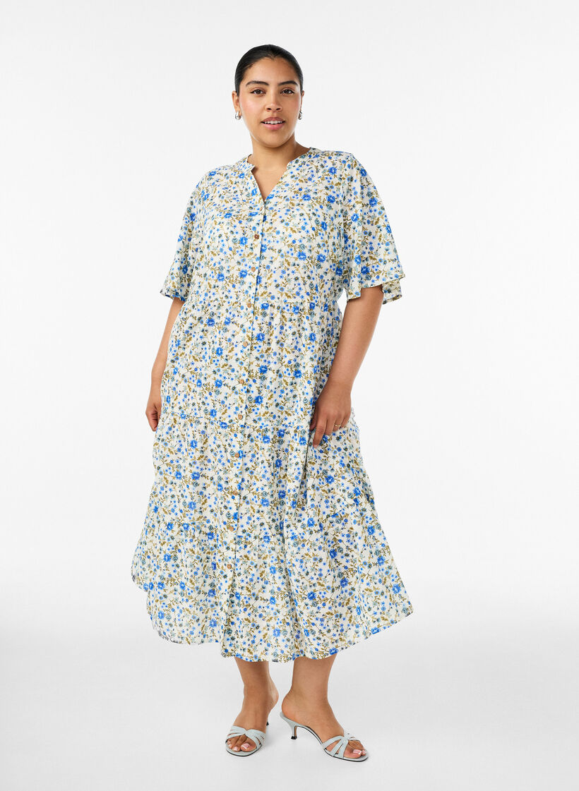 Bomullsmidikjole med blomsterprint, Bl&aring;, Model image number 0