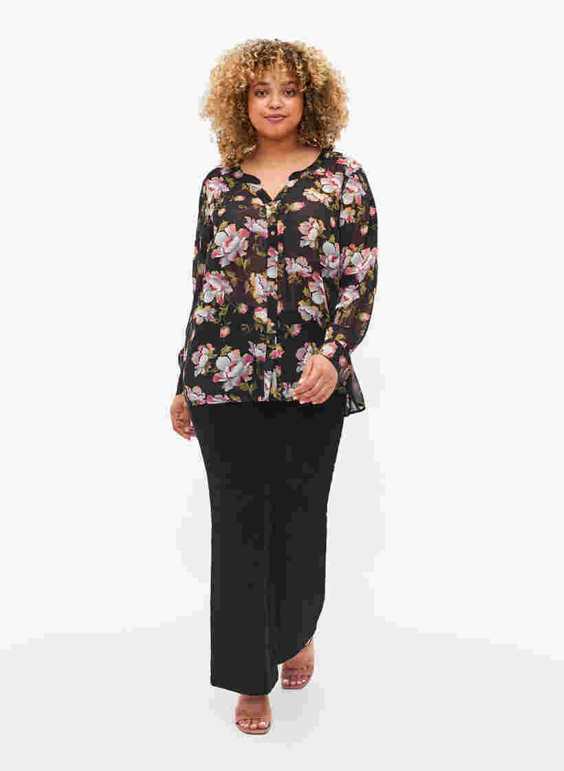 Skjorte med V-hals og mønster, Black/Beige Flower, Model image number 2