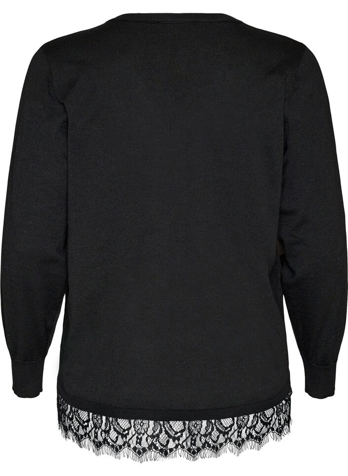 Strikkebluse med V-hals og blondekant, Svart, Packshot image number 1