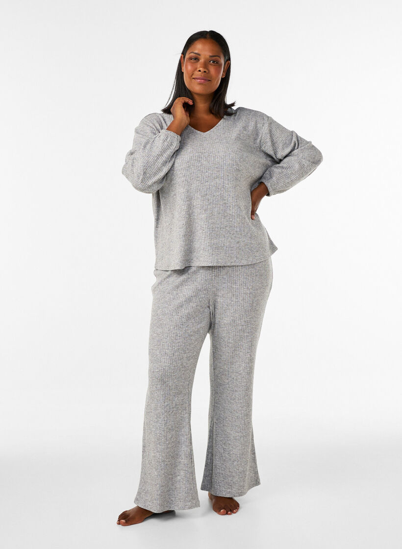 Bluse i jersey med ribbet tekstur og V-hals, Gr&aring;, Model image number 1
