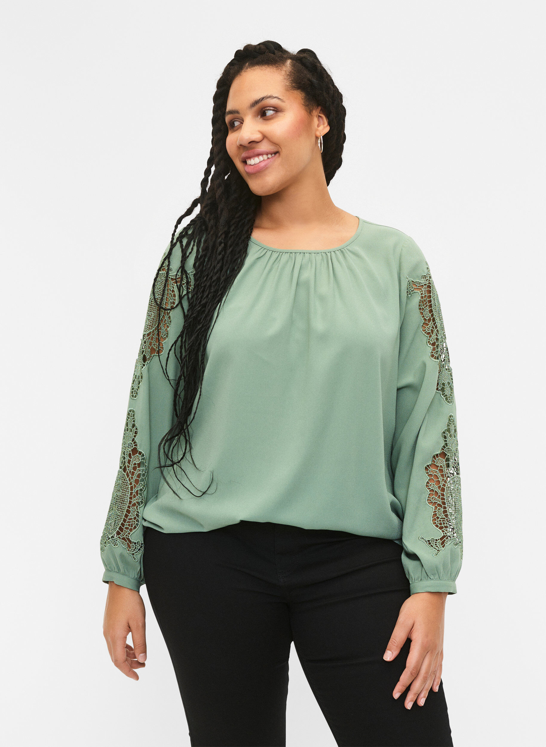 Zizzi Bluse med lange ermer og heklede detaljer, Green Bay, Model image number 0