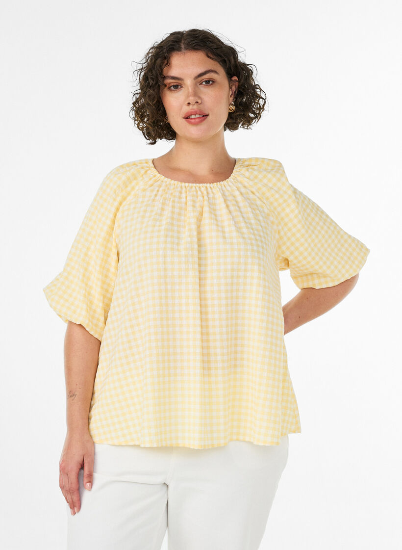 Liten rutete bluse med elastisk hals og albuelange ermer, Gul, Model image number 0