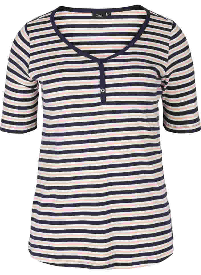 Stripete T-skjorte i bomull med ribbet struktur, Blue Rose Stripe, Packshot image number 0