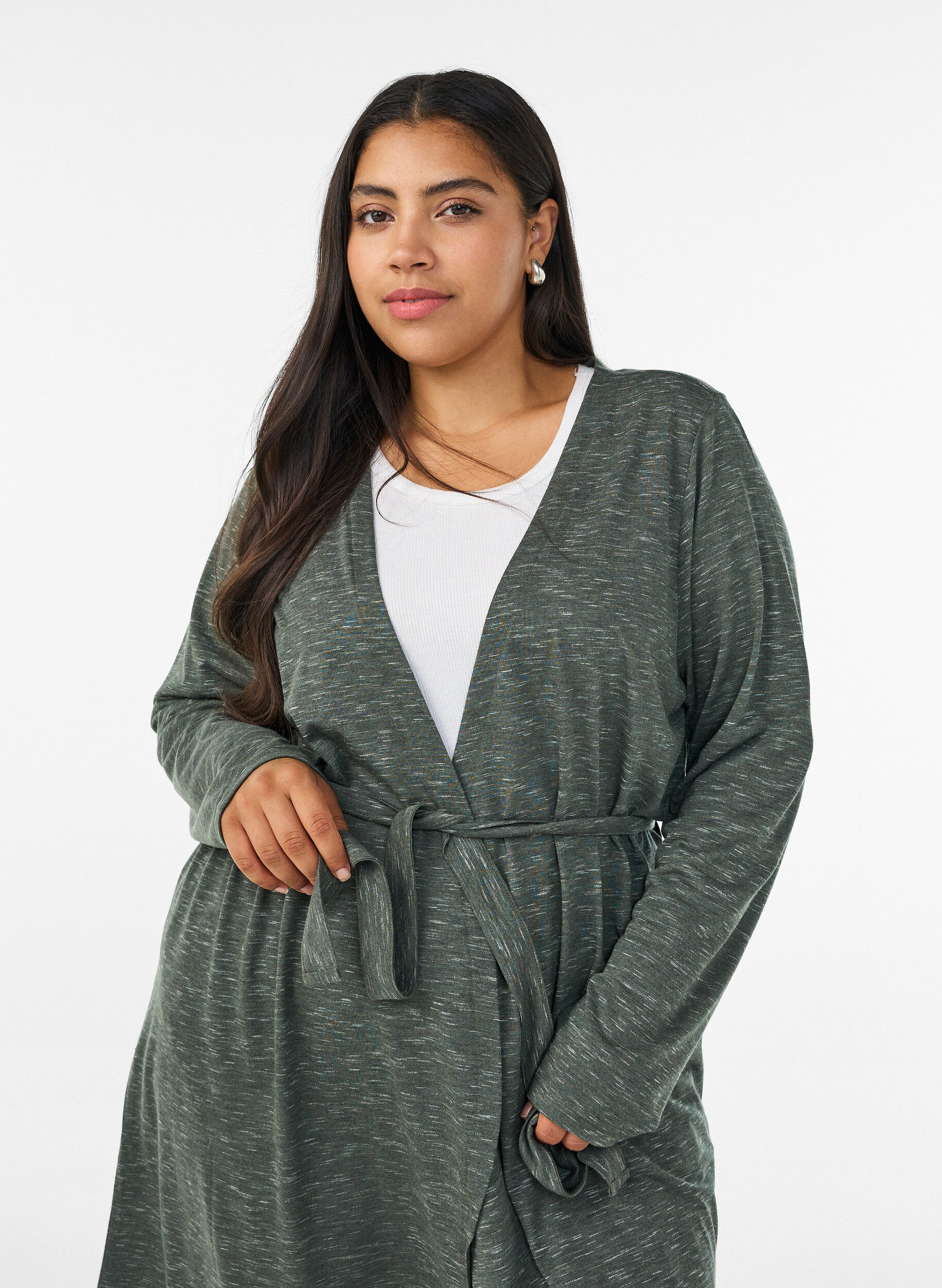ZizziLang jersey cardigan med knytebelte, Gr&oslash;nn, Model image number 2