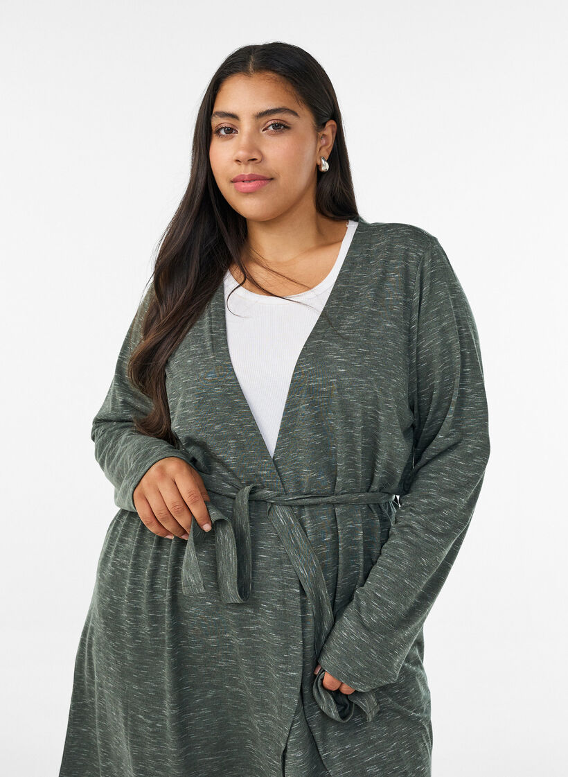 Lang jersey cardigan med knytebelte, Gr&oslash;nn, Model image number 2