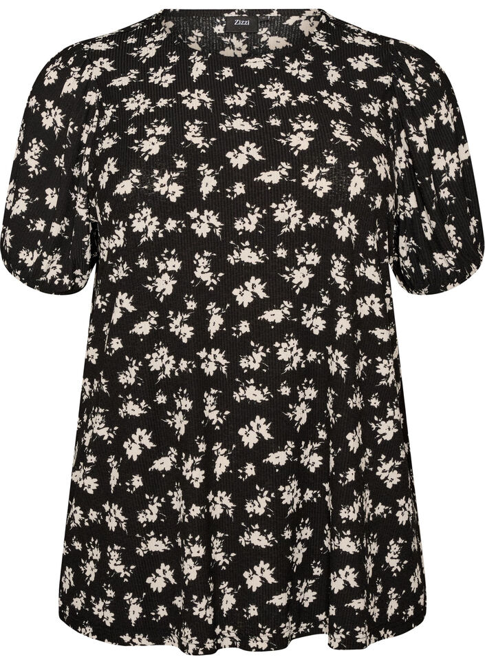 Bluse med lange ermer og blomstertrykk, Svart, Packshot image number 0