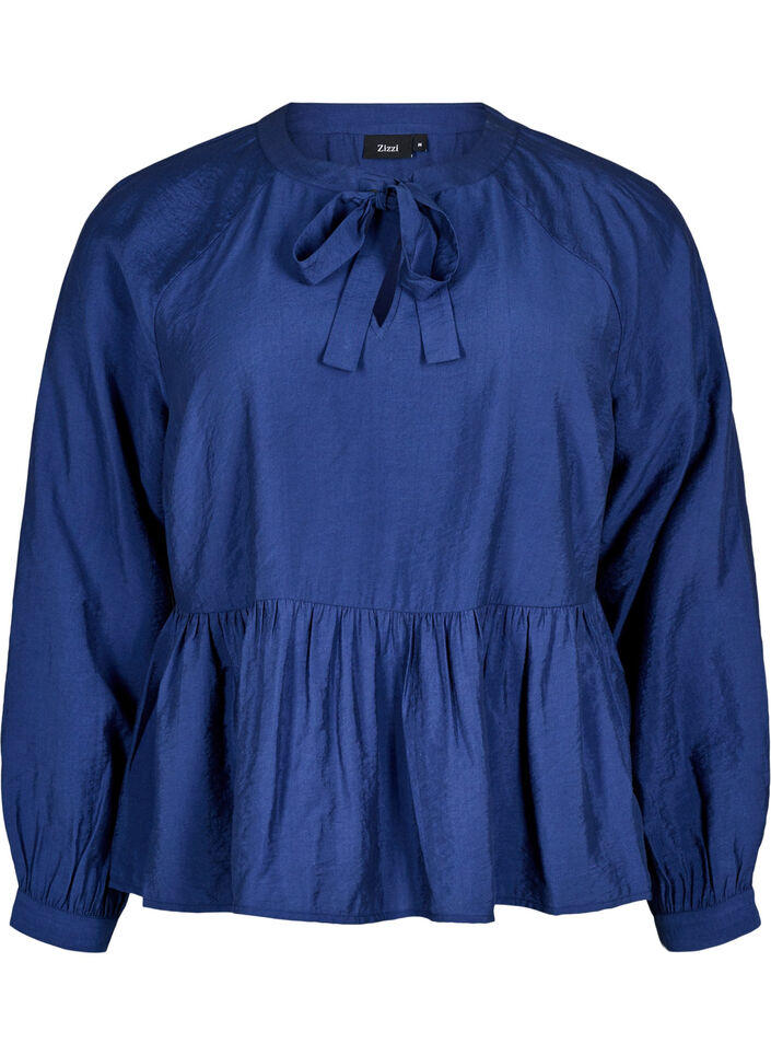 Bluse med sløyfe og lange ermer, Blå, Packshot image number 0