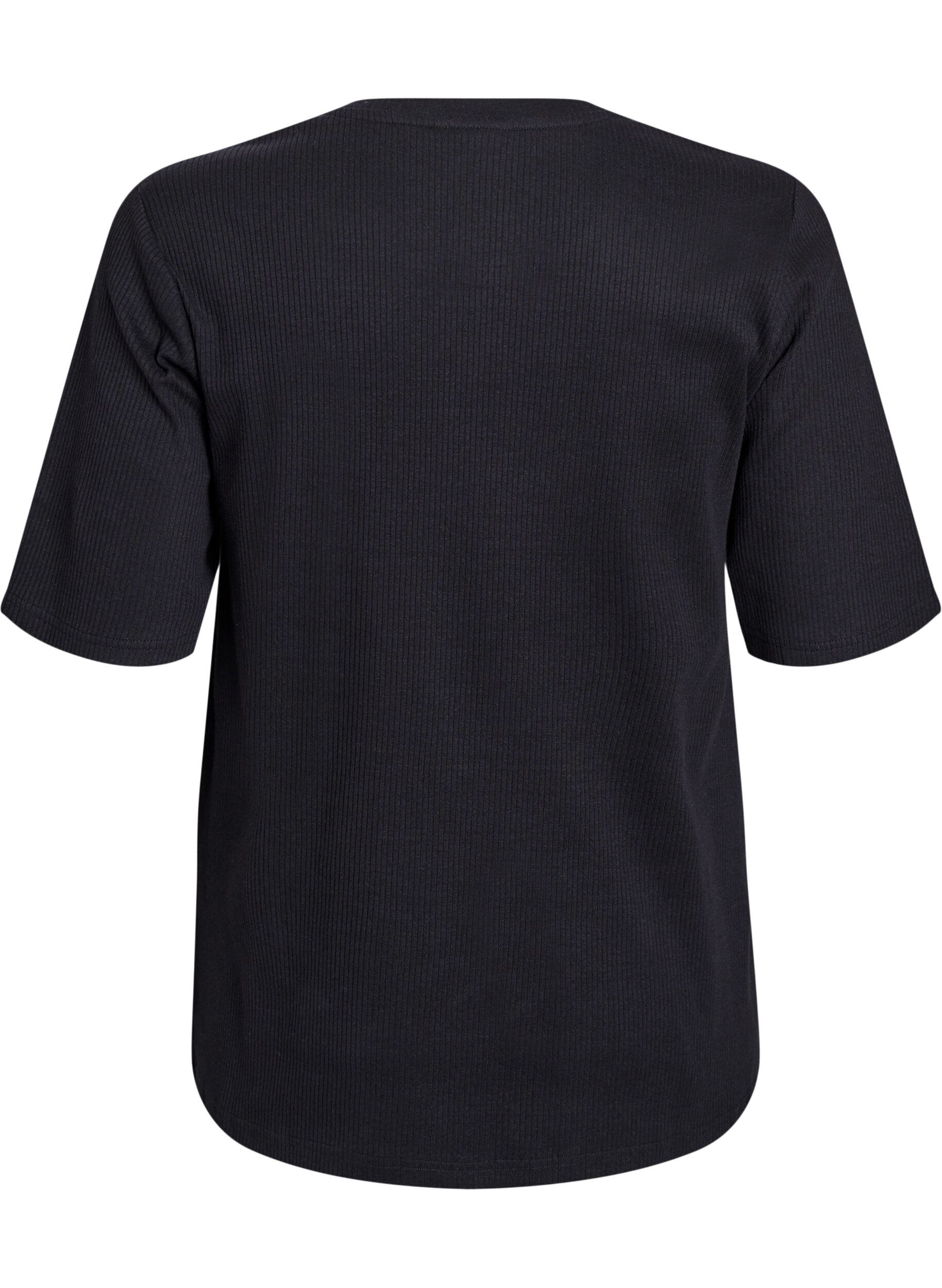 ZizziRibbestrikket jerseybluse med korte ermer, Svart, Packshot image number 1