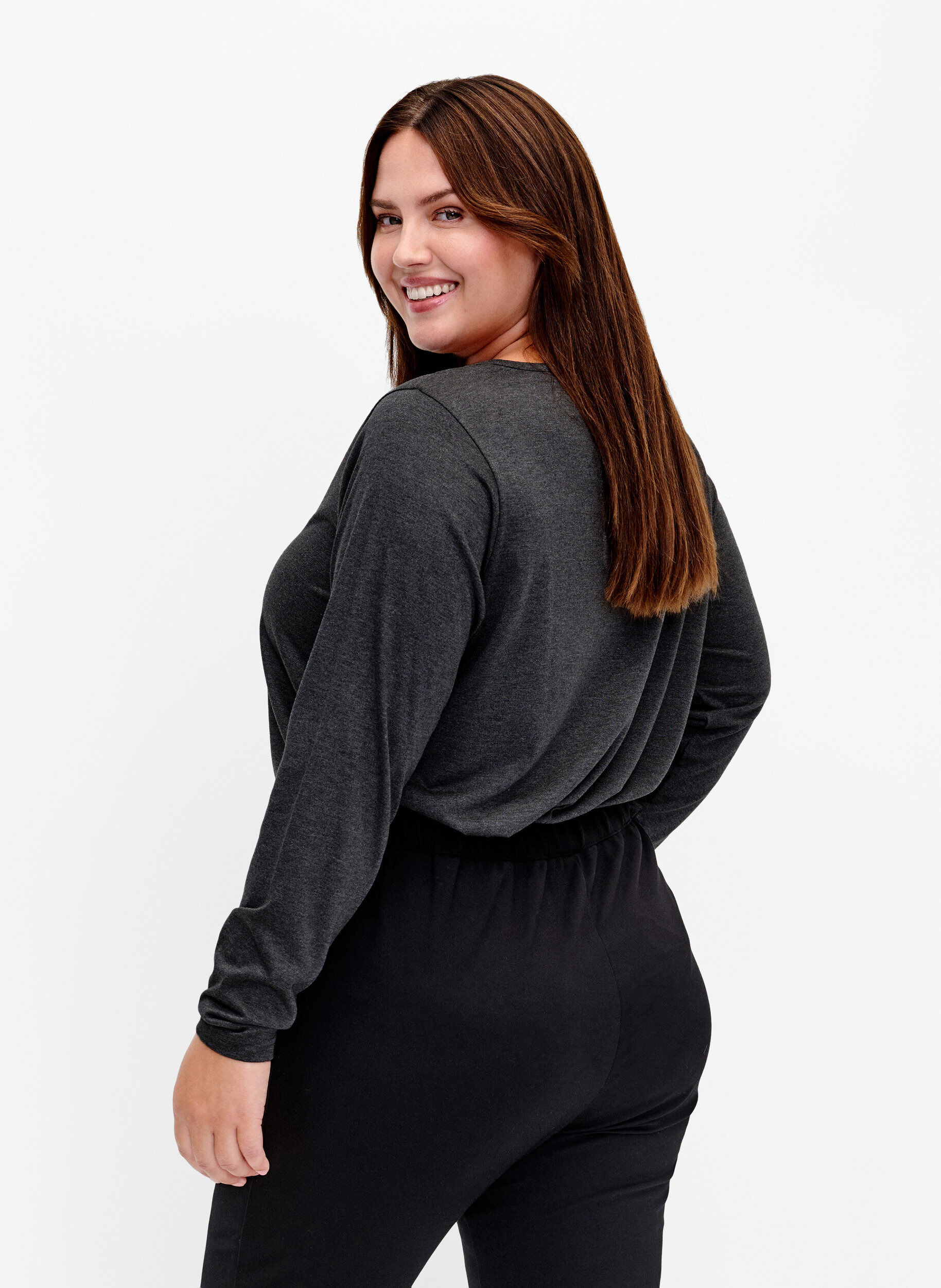 Zizzi Melange bluse med lange ermer, Black Mel. , Model image number 1