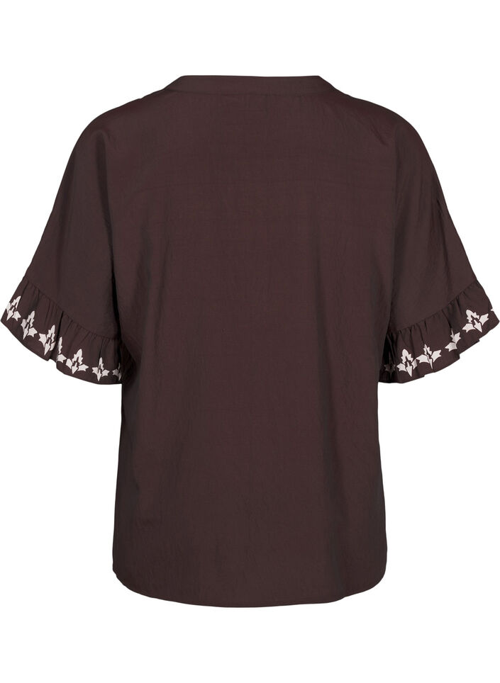 Kortermet bluse med trykk og volanger, Brun, Packshot image number 1