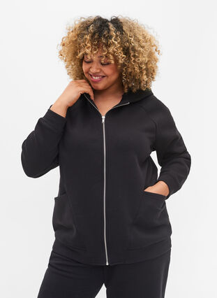 Cardigan med hette og lommer, Black, Model image number 0