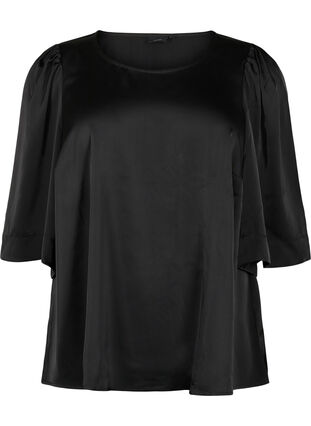 Bluse i sateng med halvlange ermer, Black, Packshot image number 0
