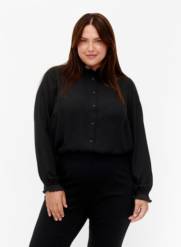 Skjortebluse med volangdetaljer, Black, Model image number 0