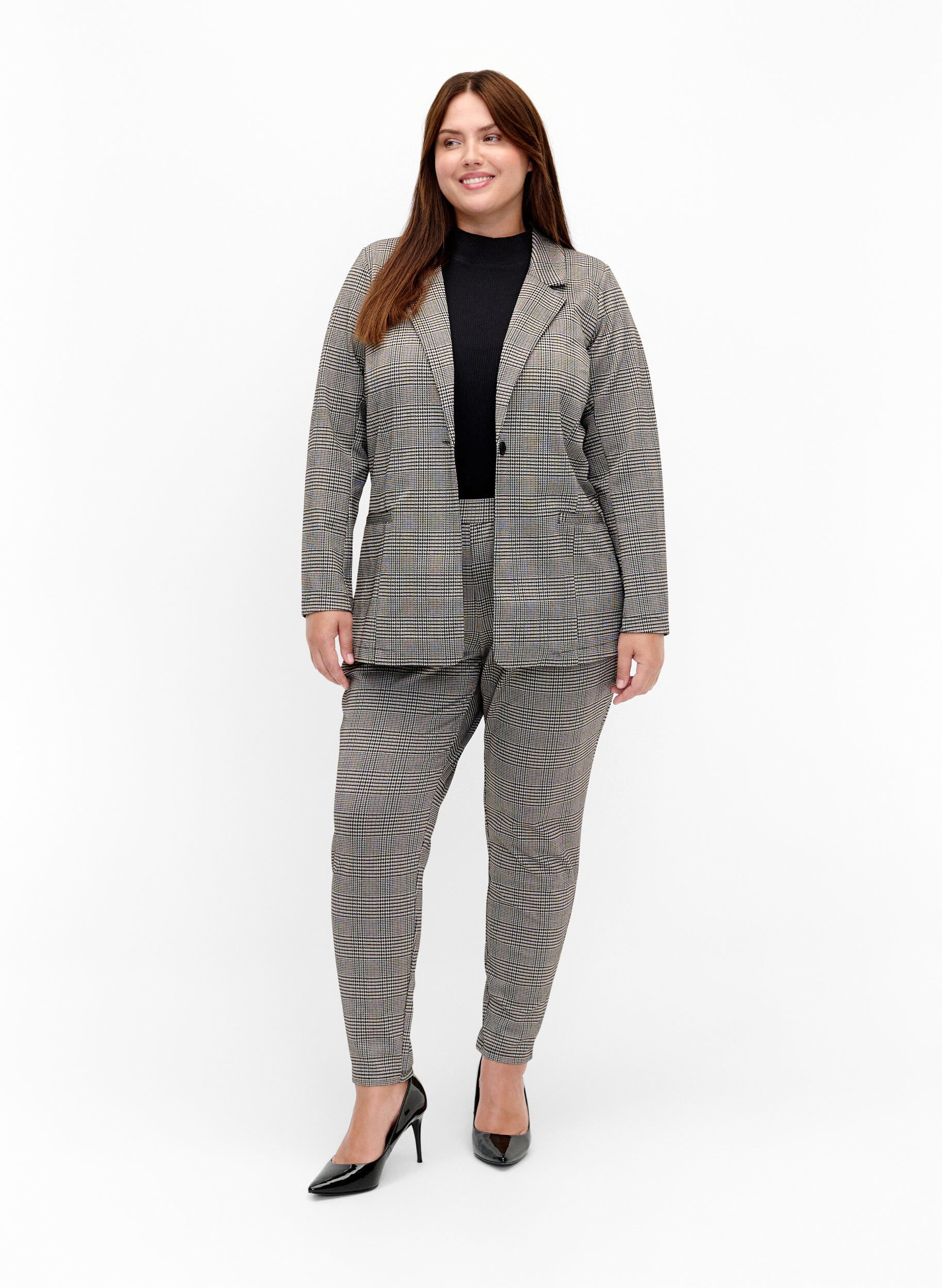 Zizzi Rutete blazer med knappelukking, Beige Brown Check, Model image number 2