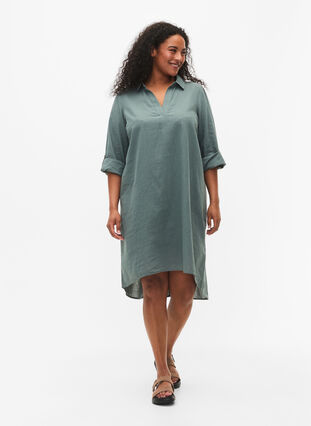 Stripet kjole i bomull og lin, Balsam Green, Model image number 2