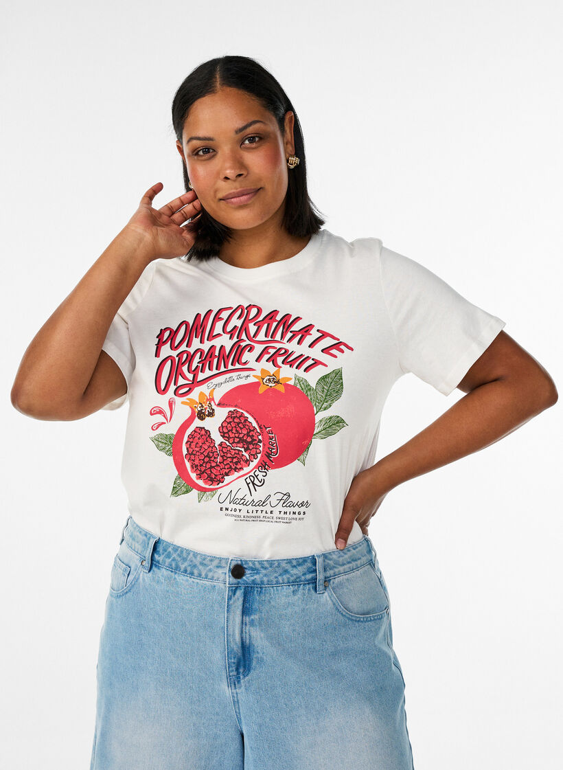 Bomulls T-skjorte med trykk, Hvit, Model image number 0