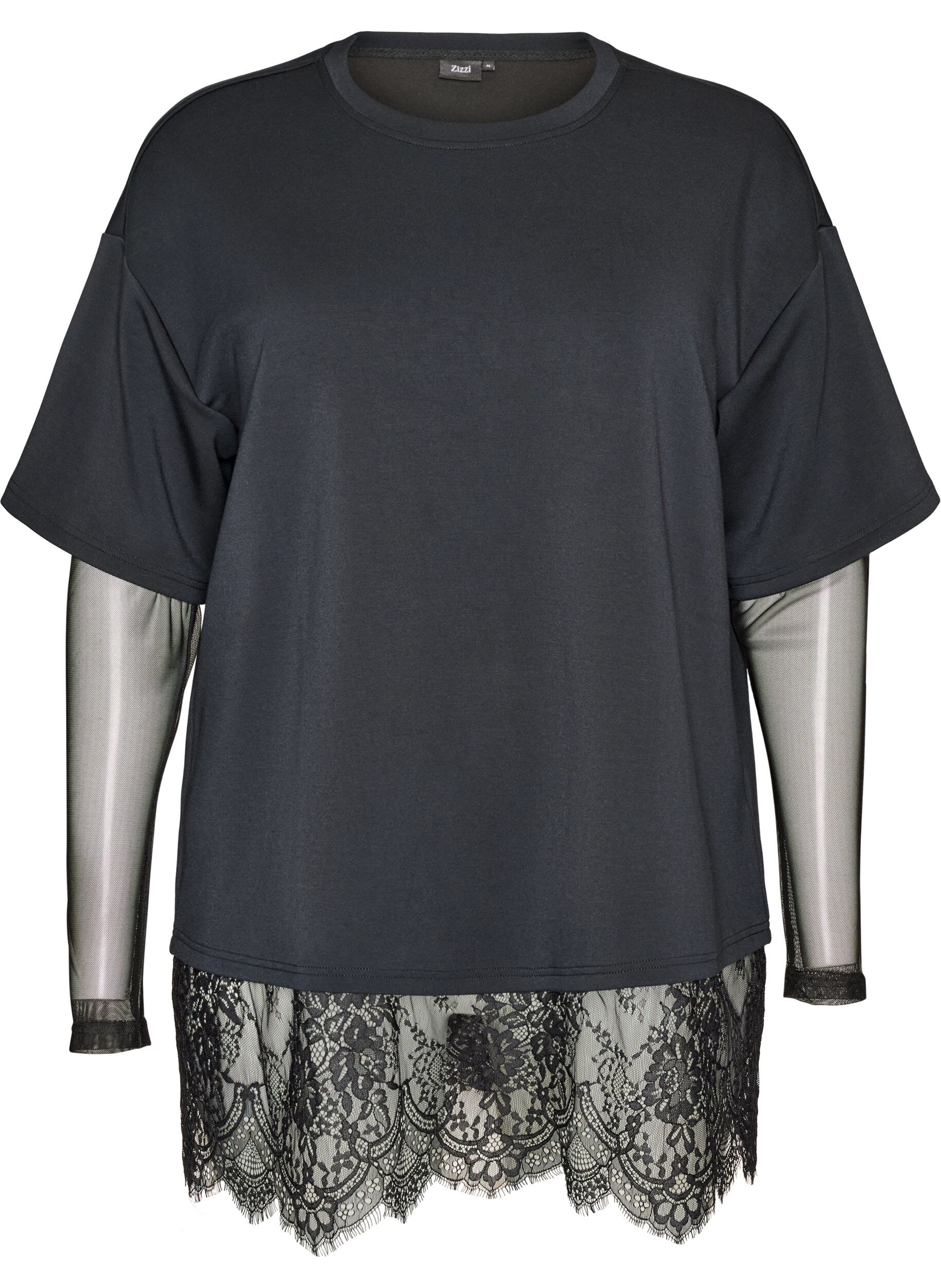 Bluse med mesh-ermer og blondekant