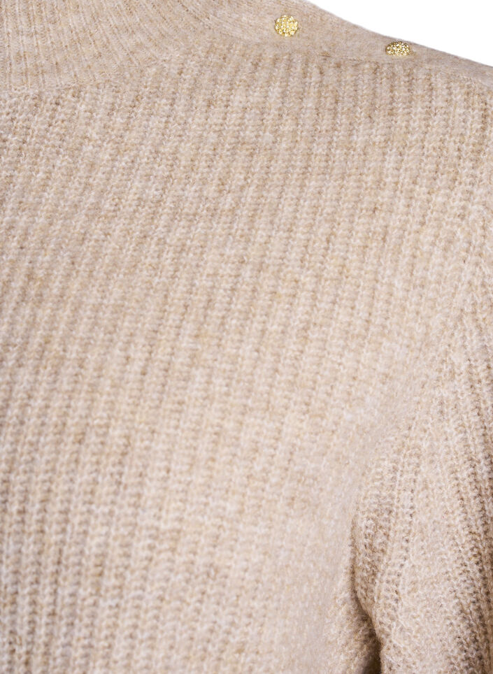 Ribbestrikket genser med puffede ermer og knapper, Beige, Packshot image number 2