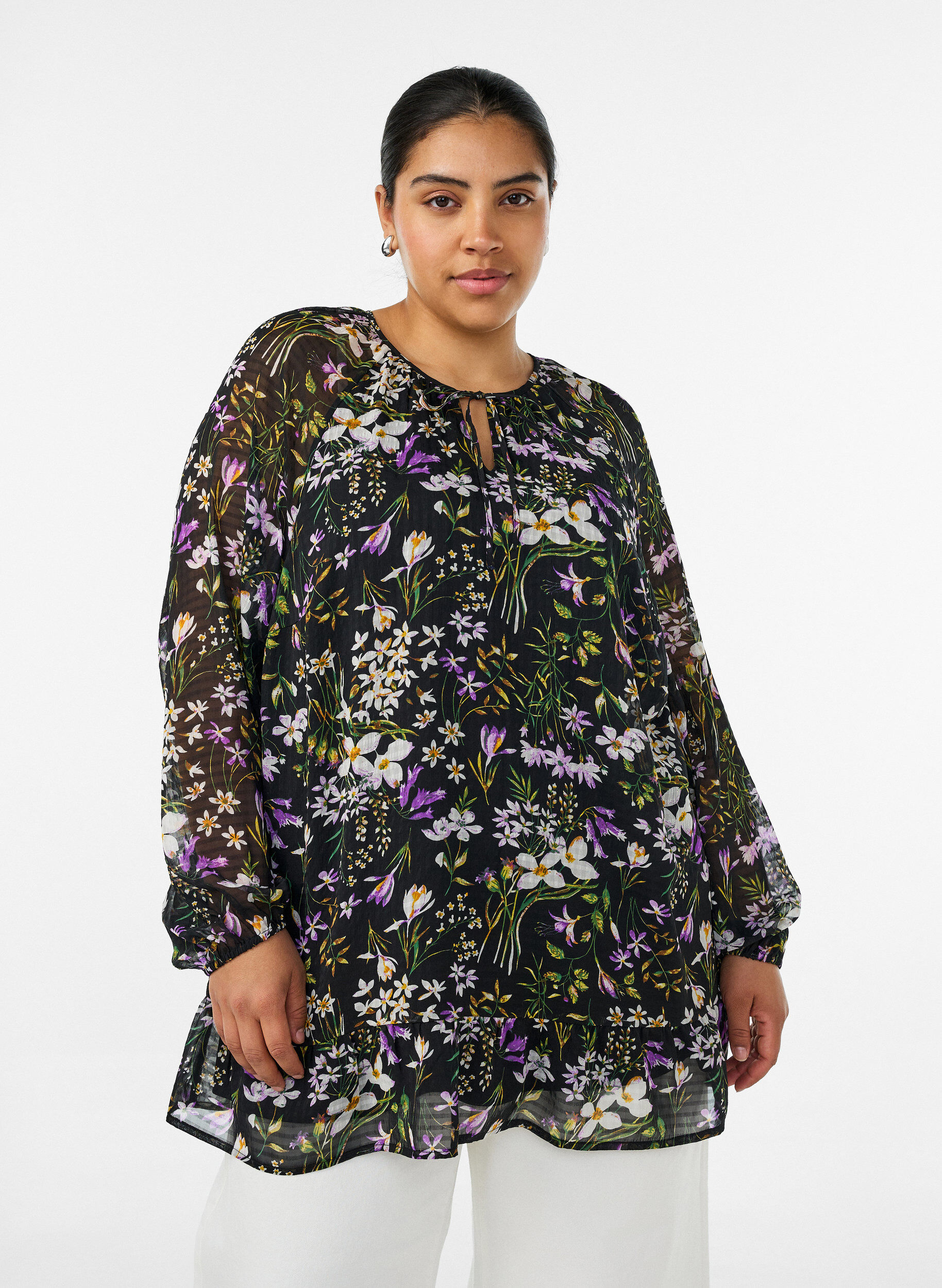 A-linjeformet tunika med blomsterprint, Svart, Model