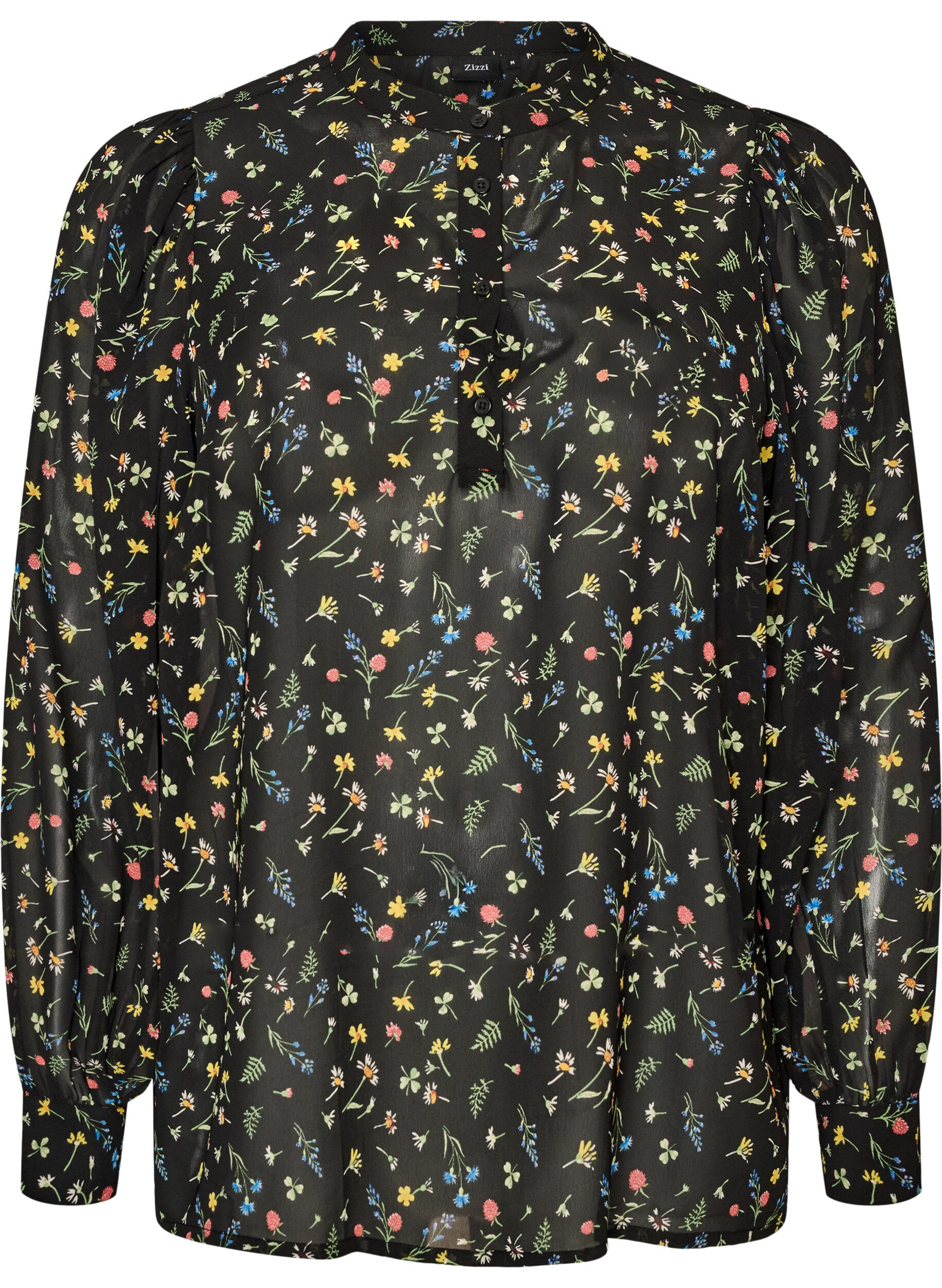Bluse med heldekkende trykk og kort knappestolpe
