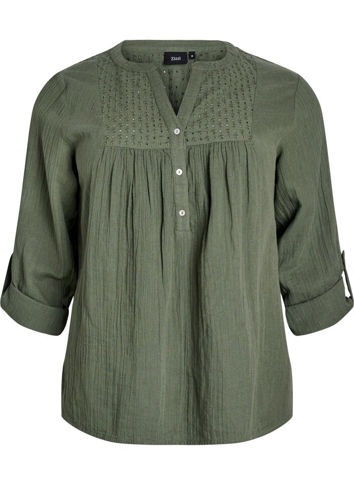 Bluse i bomullsmuslin med broderi anglaise, Gr&oslash;nn, Packshot image number 0