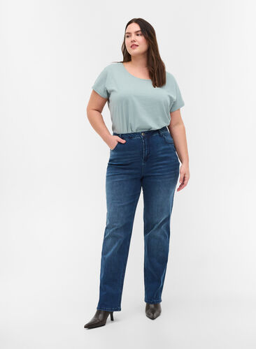 Jeans med ekstra høy liv, Blue denim, Model image number 0