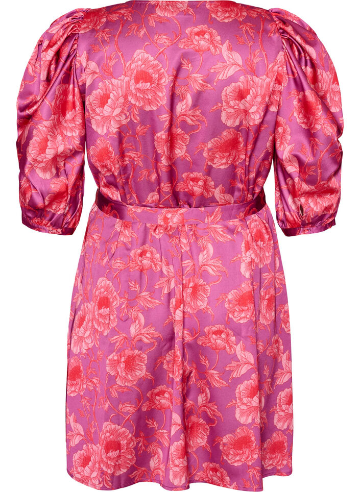 Blomstret kjole med puffede ermer og knytebelte, Rosa, Packshot image number 1