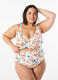Bikinitruse med ekstra høyt liv og blomstermønster, Beige Bikinitruse med ekstra høyt liv og blomstermønster, Beige, Model