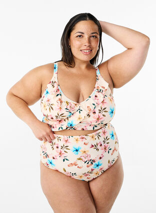 Zizzi Ekstra høy midje bikiniunderdel med blomstertrykk, Beige, Model image number 0