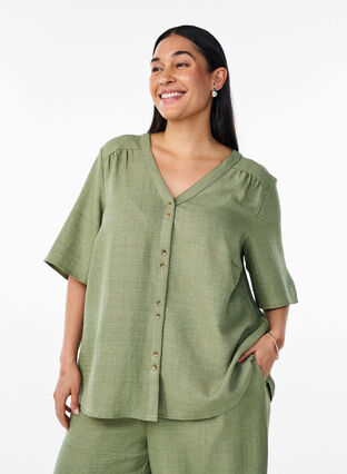 Zizzi Skjortebluse med V-hals eog korte ermer, Grønn, Model image number 0