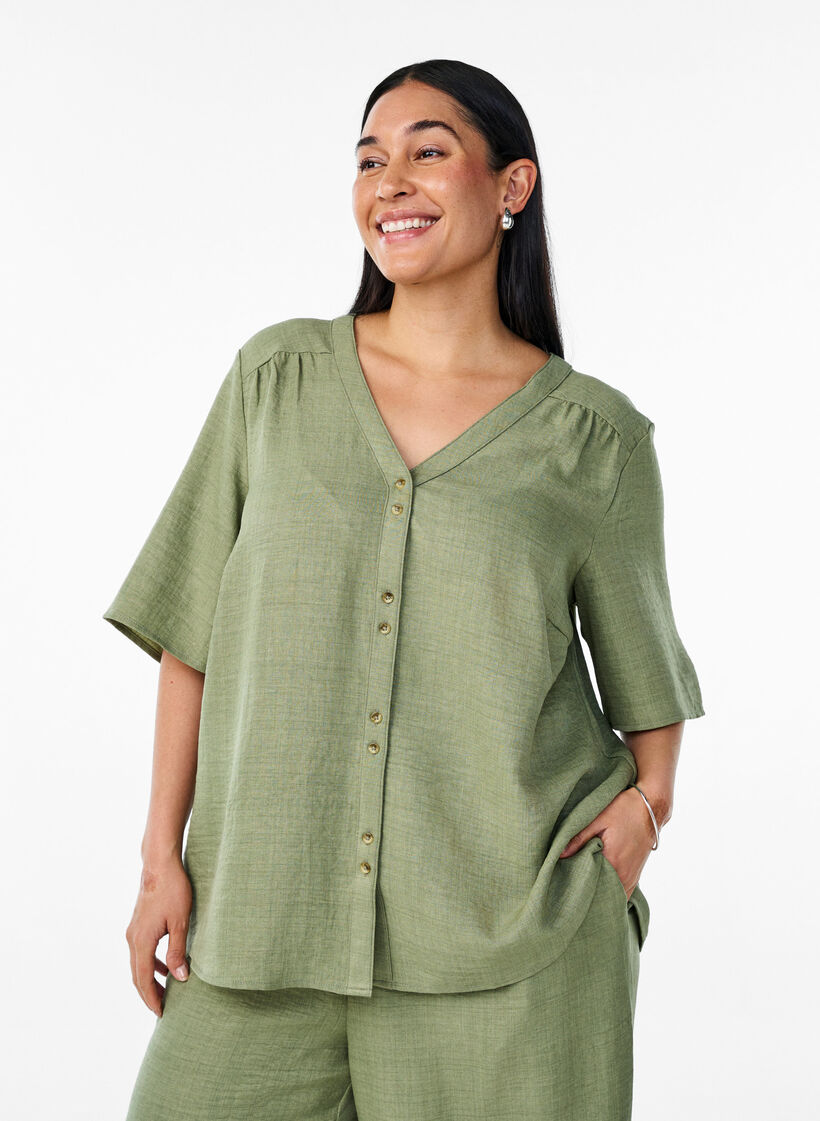 Skjortebluse med V-hals eog korte ermer, Grønn, Model image number 0