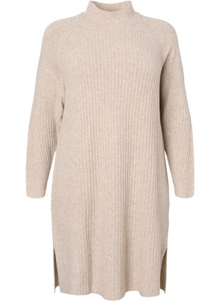 Ribbestrikket kjole med høy hals, Simply Taupe Mel., Packshot image number 0
