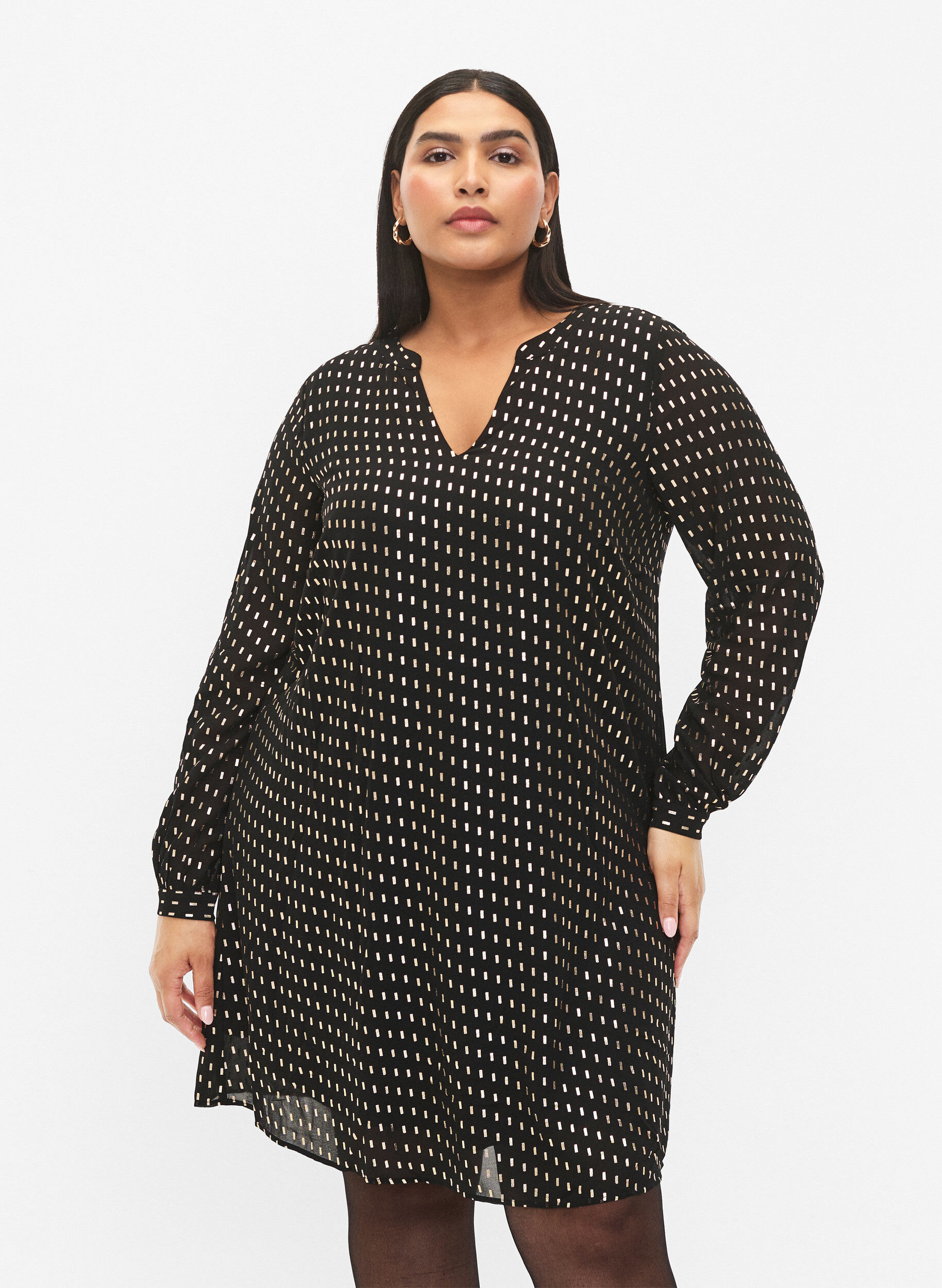 Zizzi Langermet kjole med folietrykk, Black w. Gold, Model image number 0