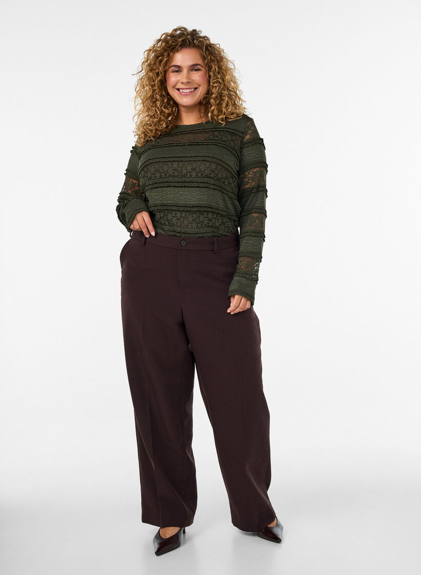 Bluse med blonder og lange ermer, Gr&oslash;nn, Model image number 1