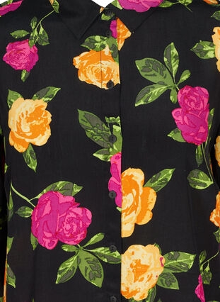 Blomstrete skjortebluse med knapper og smock, Black Flower AOP, Packshot image number 2