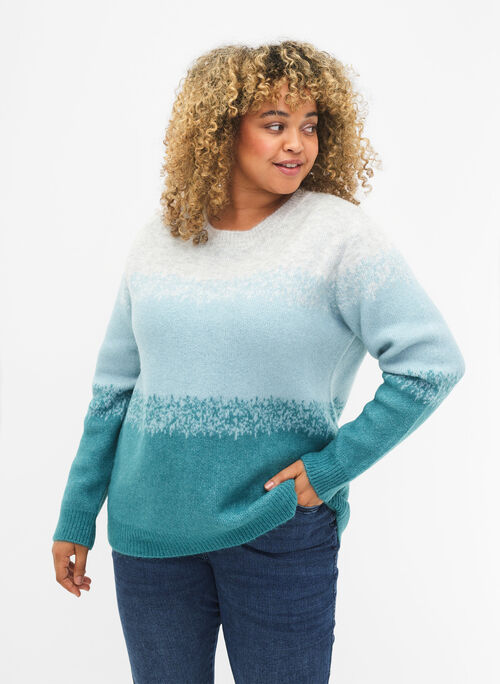 Strikket bluse med brede striper, Light Grey Mel. Comb, Model