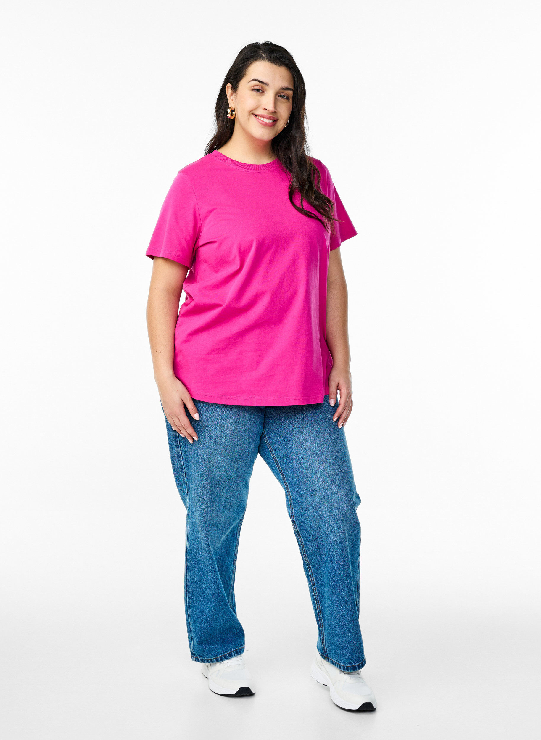 ZizziBasic T-skjorte i bomull med rund hals, Rosa, Model image number 1