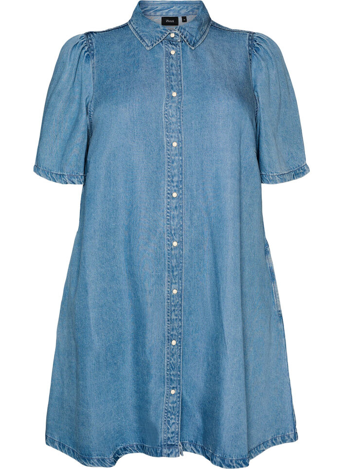 Denimkjole i lyocell med knapper og korte ermer, Bl&aring;, Packshot image number 0