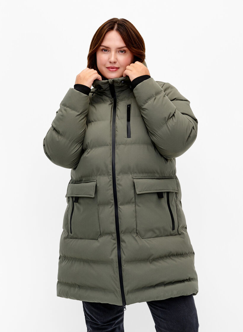 Pufferjakke med hette og lommer, Gr&oslash;nn, Model image number 0