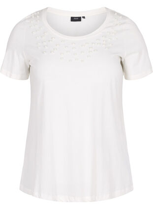 T-skjorte i bomull med perler, Warm Off-white, Packshot image number 0