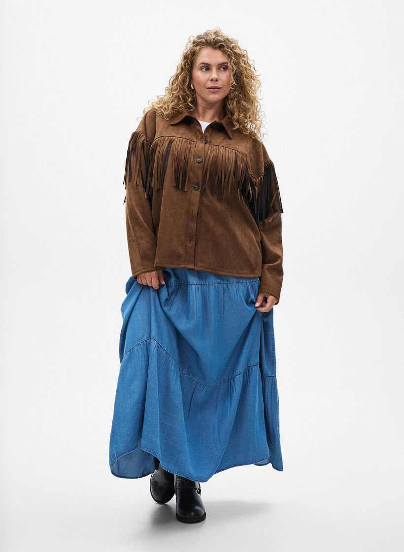 Imitert semsket jakke med frynser, Brown Fake Suede, Model