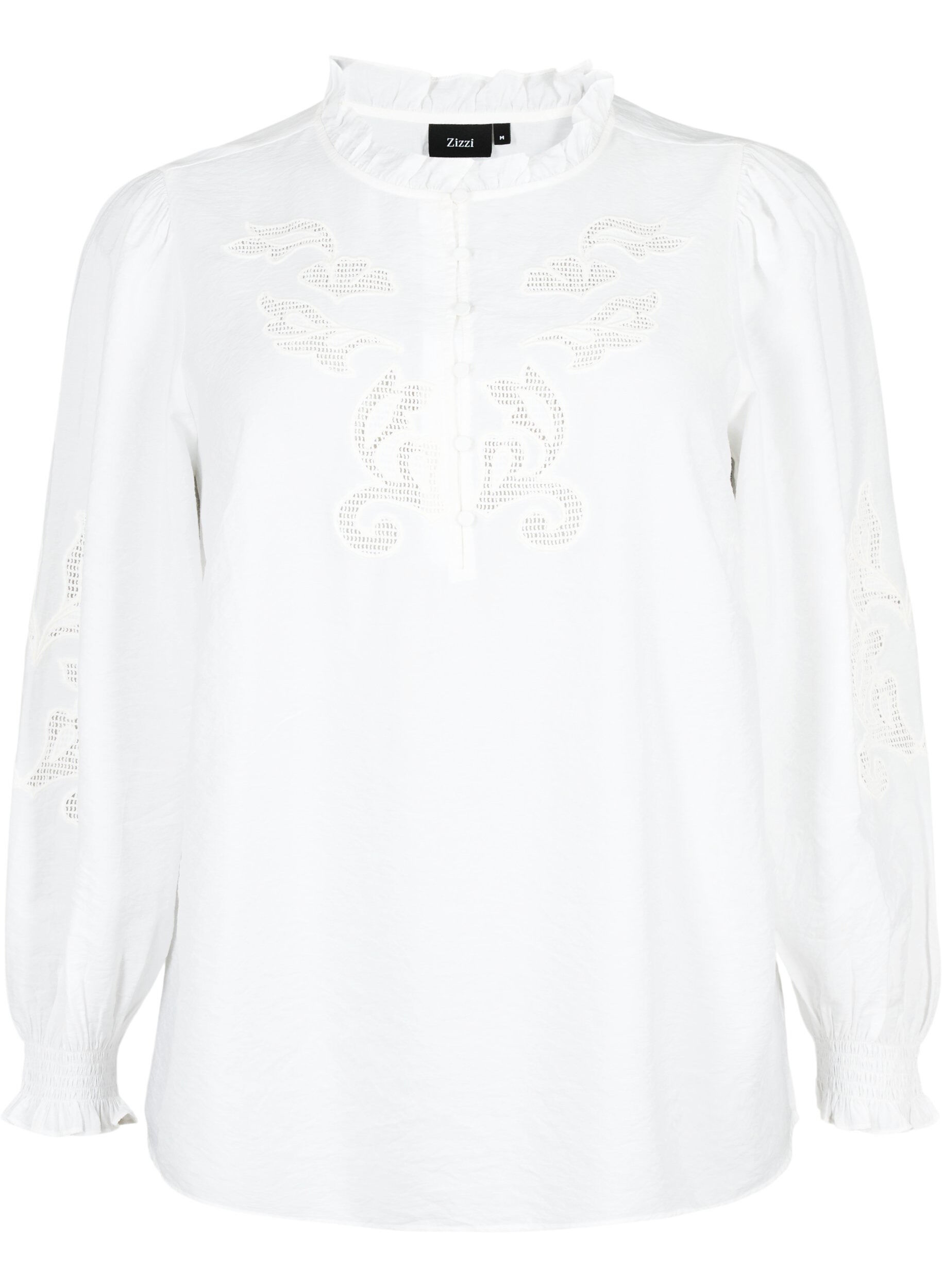 Zizzi Bluse med volanger og broderi anglaise, Bright White, Packshot image number 0
