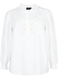 Bluse med volanger og broderi anglaise, Bright White