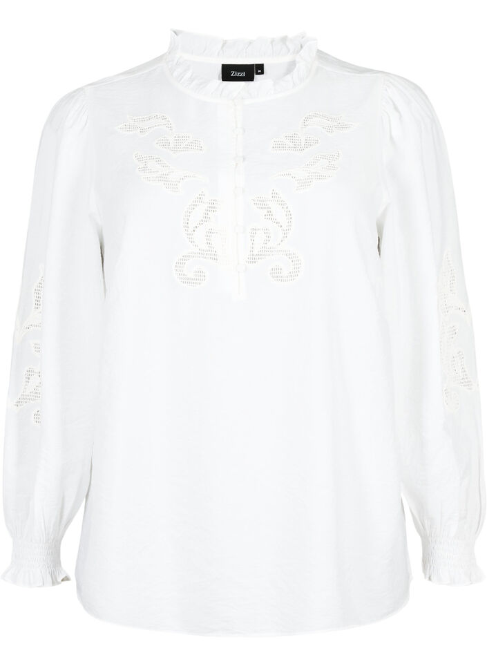 Bluse med volanger og broderi anglaise, Bright White, Packshot image number 0