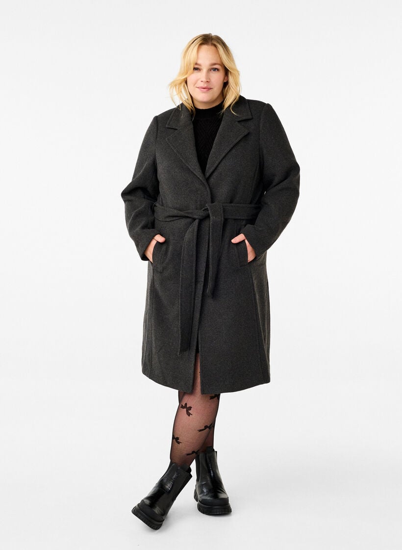 Lang ullkåpe med belte, Dark Grey Melange, Model image number 2