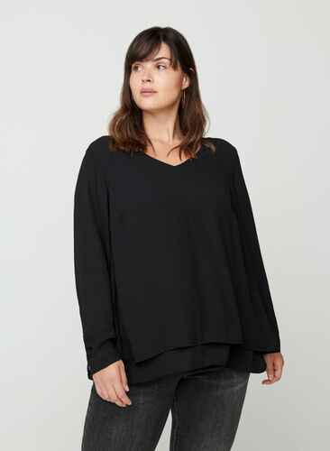 Langermet bluse med v-hals, Black, Model image number 0