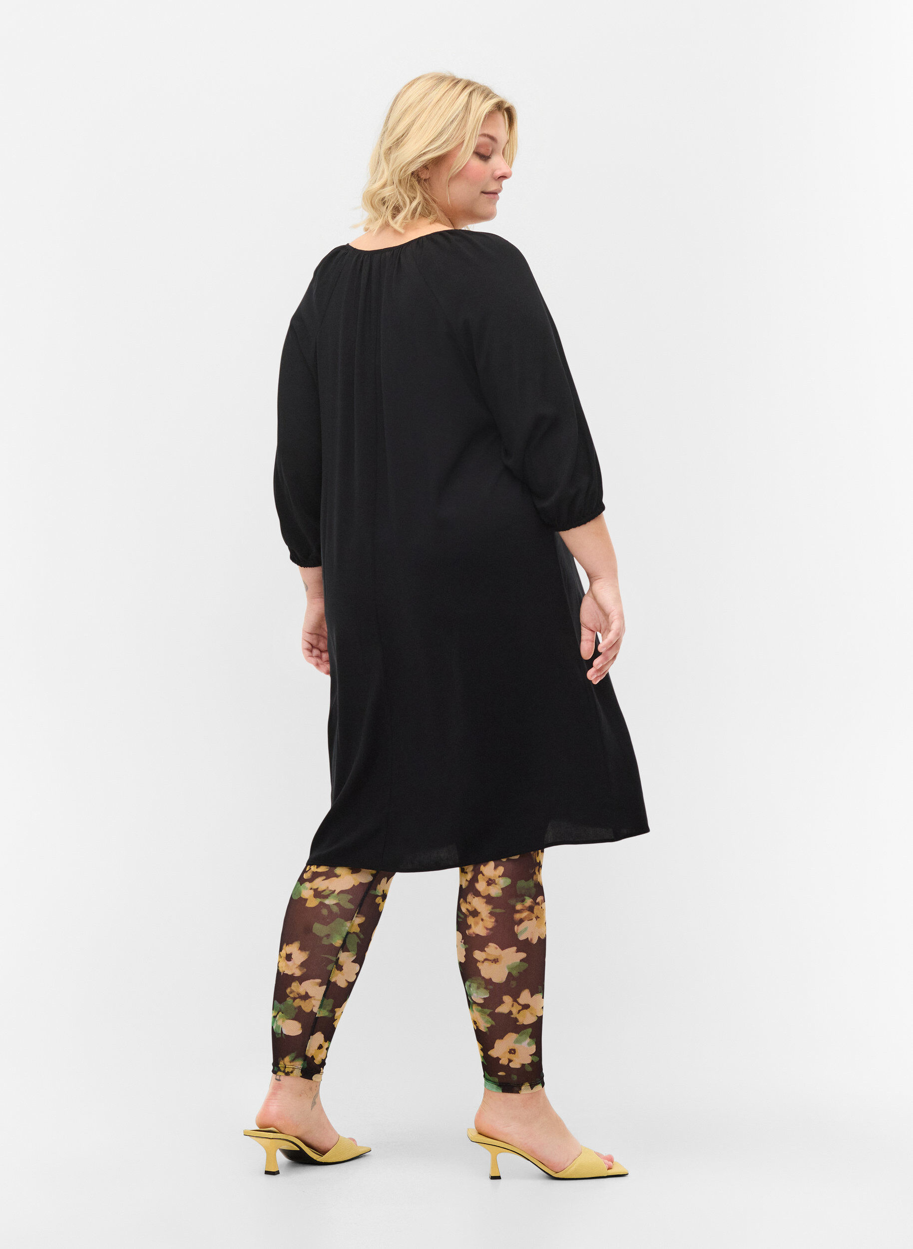 Zizzi Leggings med mesh og blomsterm&oslash;nster, Yellow Green AOP, Model image number 1