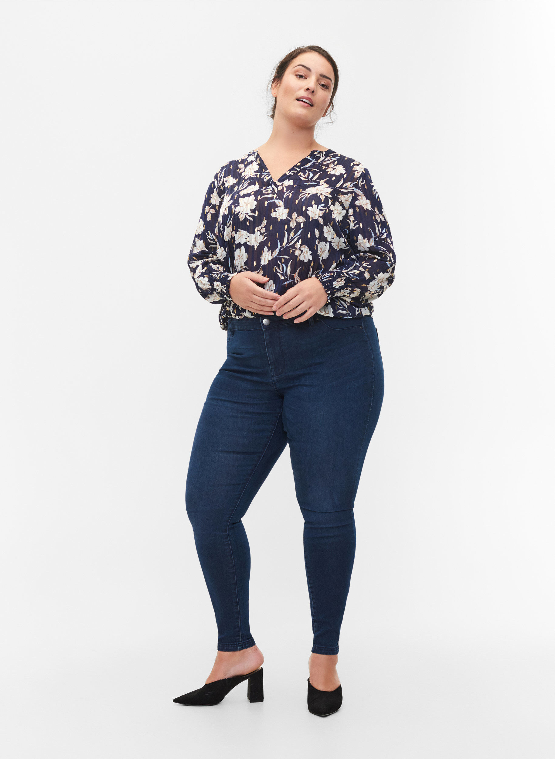 Zizzi Jeggings i bomullsblanding, Dark blue denim, Model image number 0