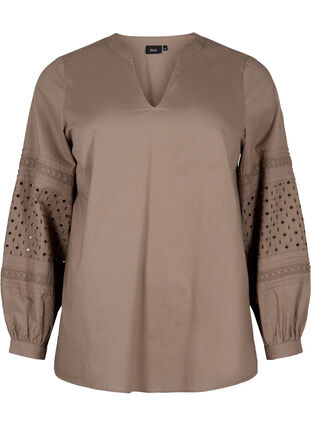 Bluse med lange ermer og dekorative detaljer, Caribou, Packshot image number 0