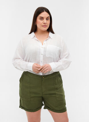Løse shorts i lyocell med lommer, Kaki Green, Model image number 0